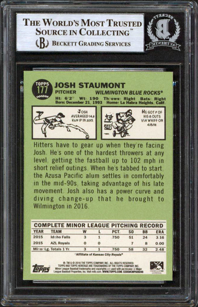 Royals Josh Staumont Signed 2016 Topps Heritage Minors #177 Rookie Card BAS Slab