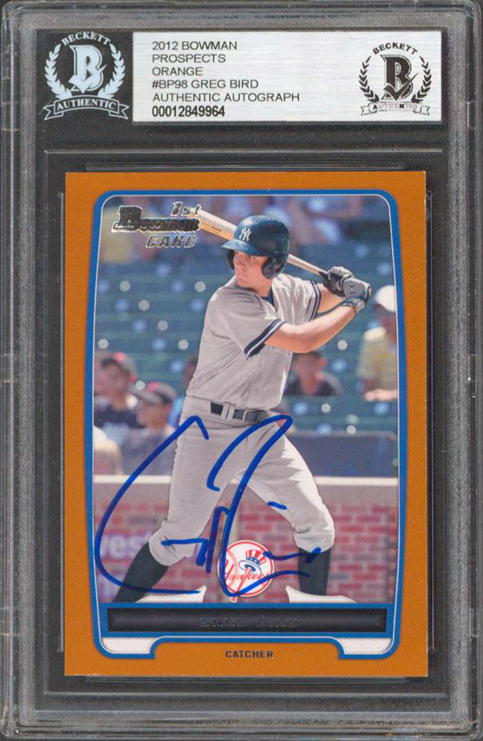 Yankees Greg Bird Signed 2012 Bowman Prospects Orange #BP98 RC Card BAS Slabbed