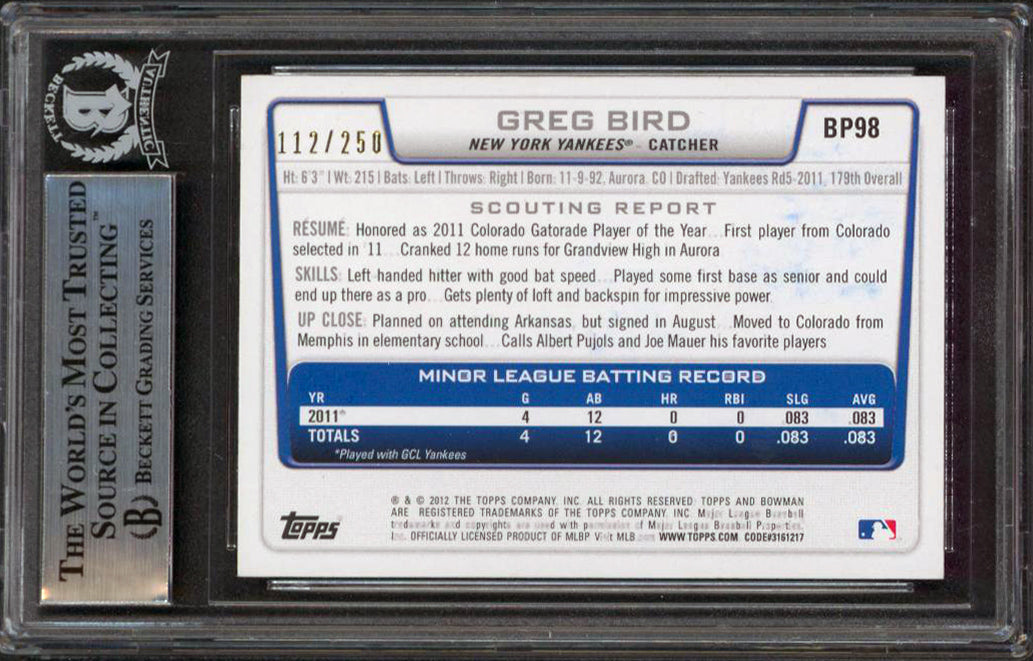 Yankees Greg Bird Signed 2012 Bowman Prospects Orange #BP98 RC Card BAS Slabbed