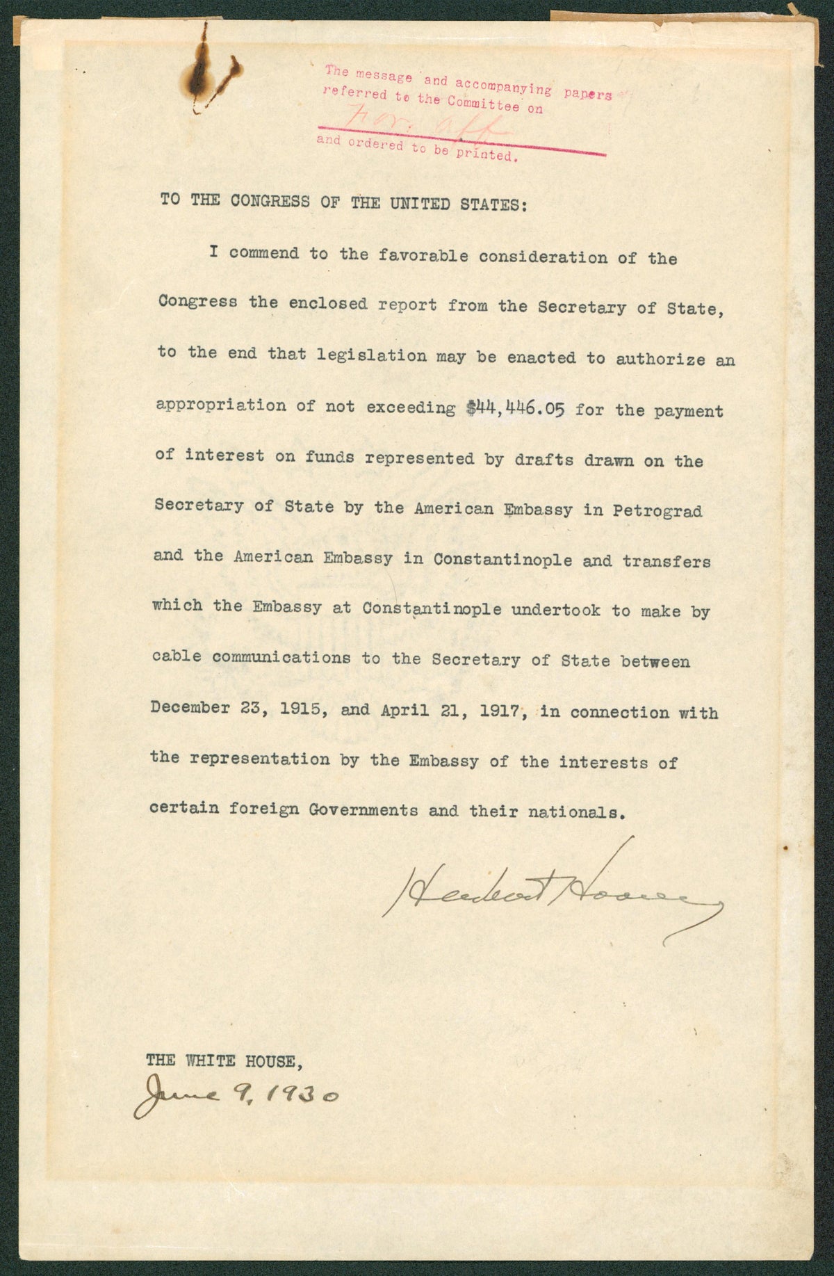 Herbert Hoover Signed 8x12.25 1930 Request To Congress Document BAS #AB14564