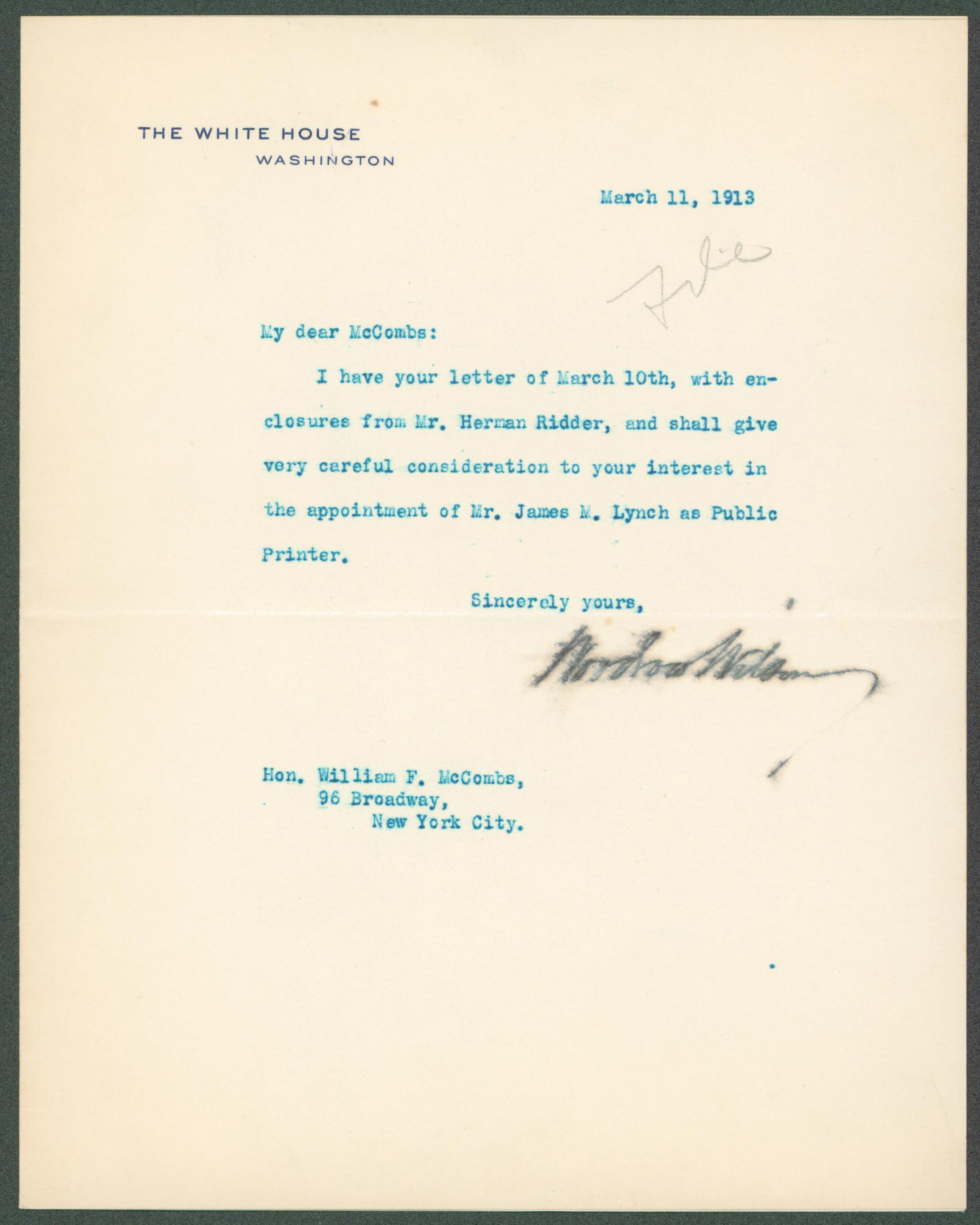 Woodrow Wilson Signed 7x8.8 1913 Letter On White House Letterhead BAS #AB14531