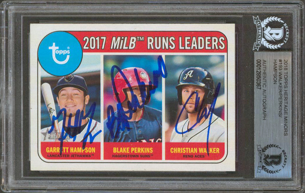 (3) Hampson, Perkins & Walker Signed 2018 Topps Heritage #193 RC Card BAS Slab