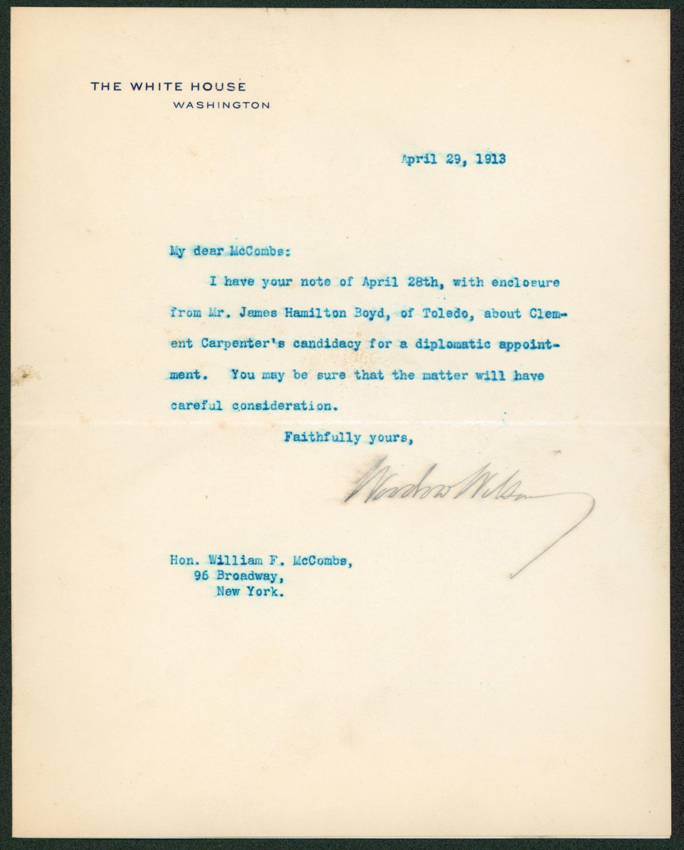 Woodrow Wilson Authentic Signed 7x8.8 Letter Dated April 29, 1913 BAS #AB14535
