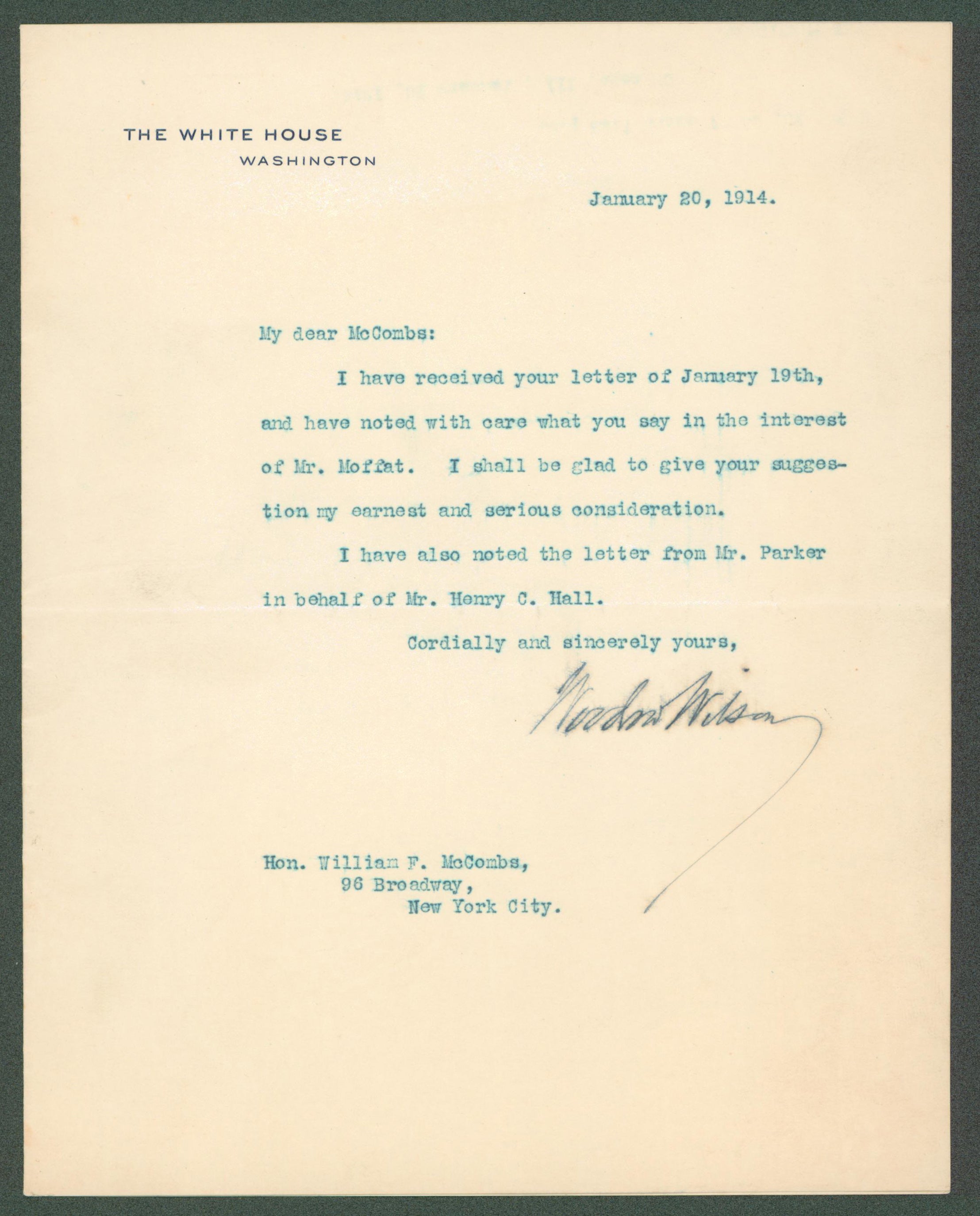 Woodrow Wilson  Signed 7x8.8 1914 Letter  On White House Letterhead BAS #AB14538