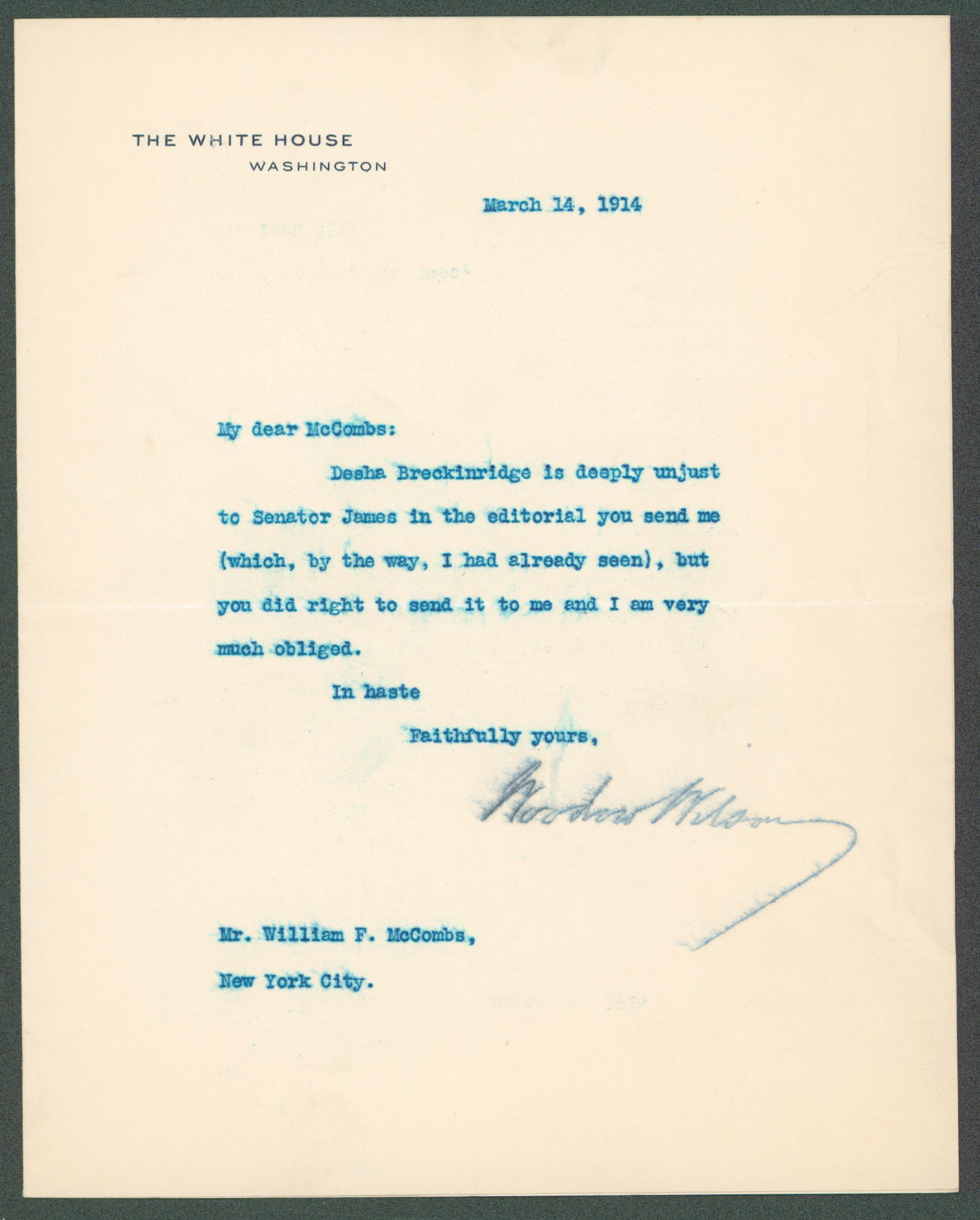 Woodrow Wilson Signed 7x8.8 1914 Letter On White House Letterhead BAS #AB14543