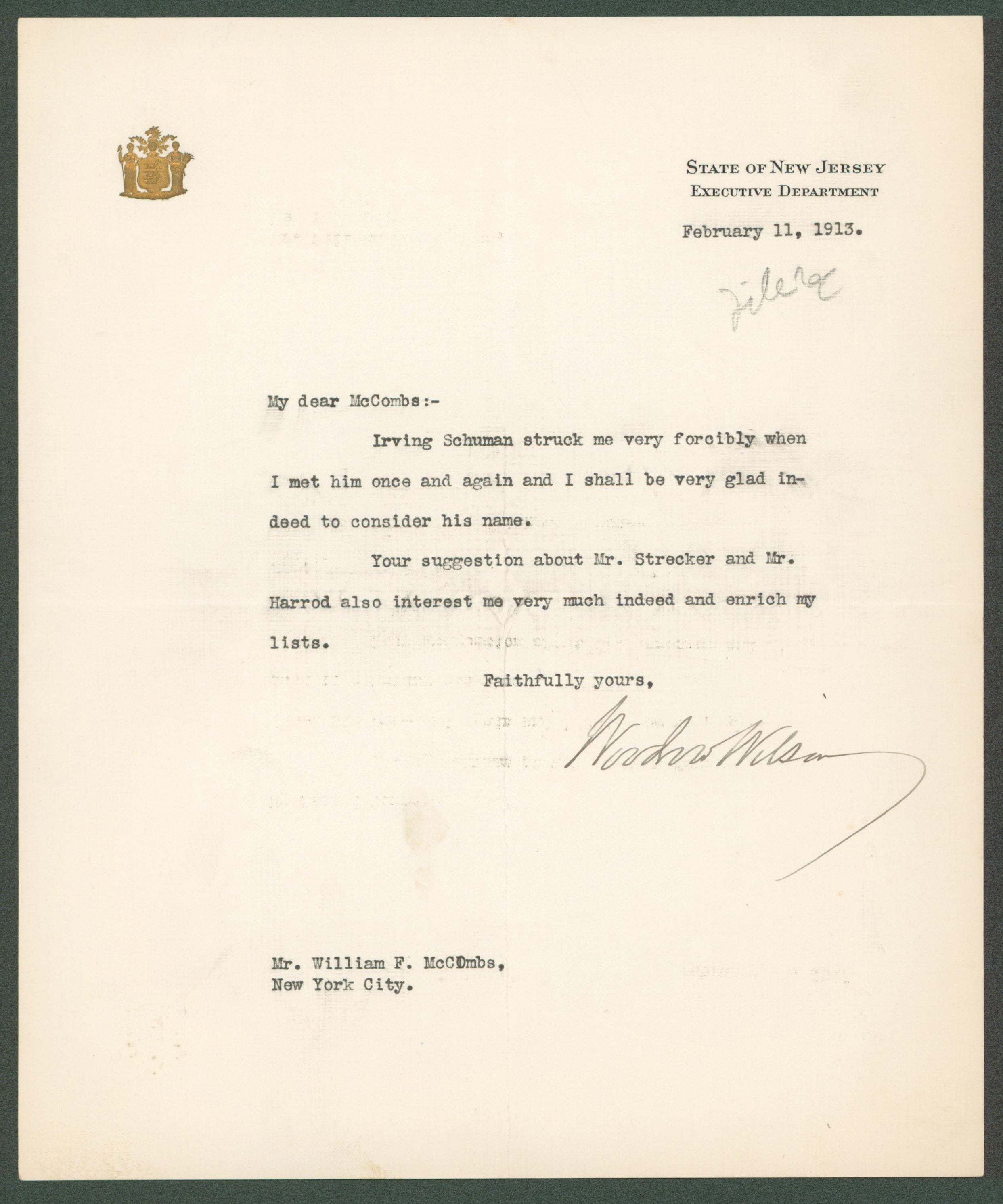 Woodrow Wilson Authentic Signed 7.85x9.5 Letter February 11, 1913 BAS #AB14546