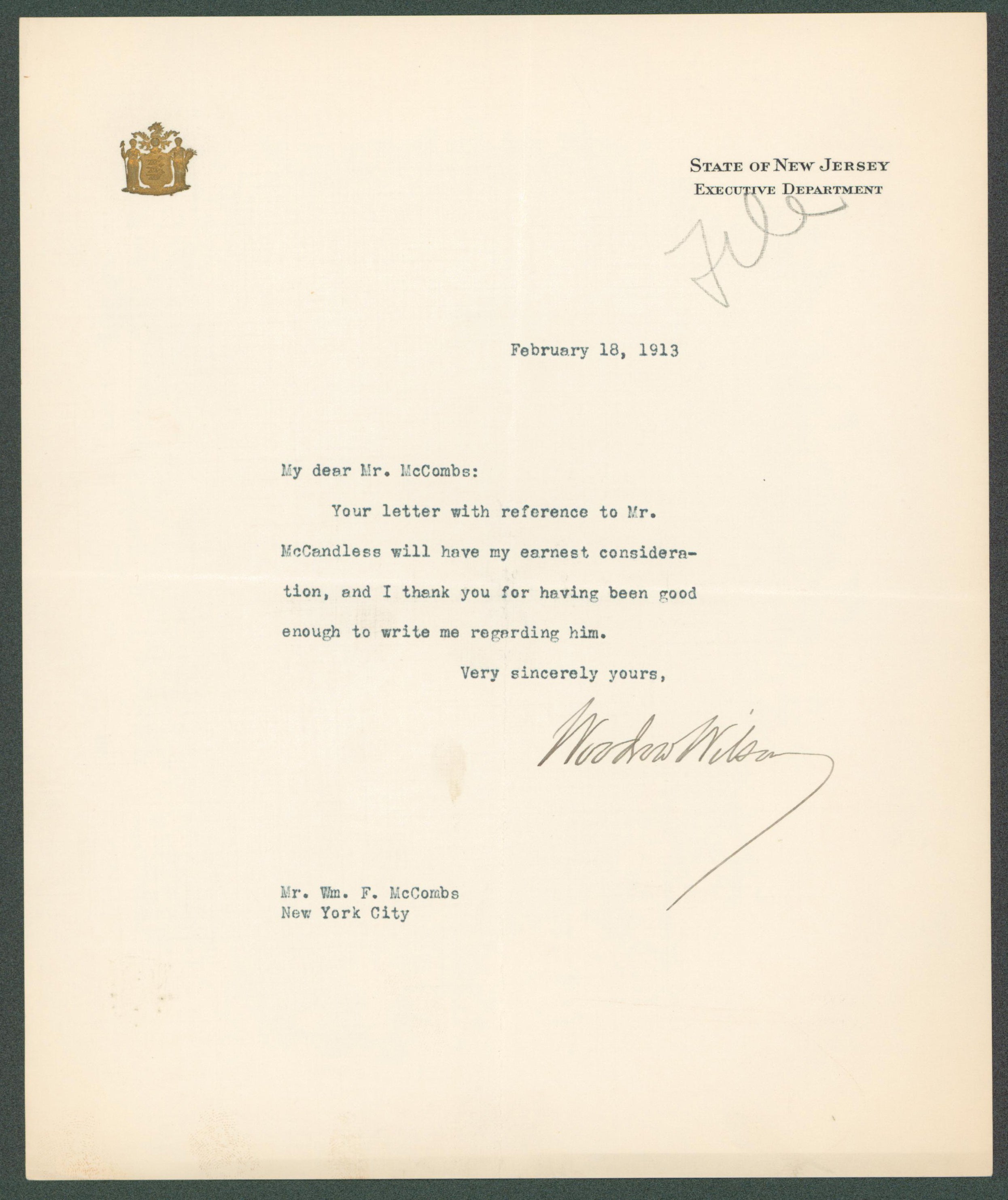 Woodrow Wilson Authentic Signed 7.85x9.5 Letter February 18, 1913 BAS #AB14547