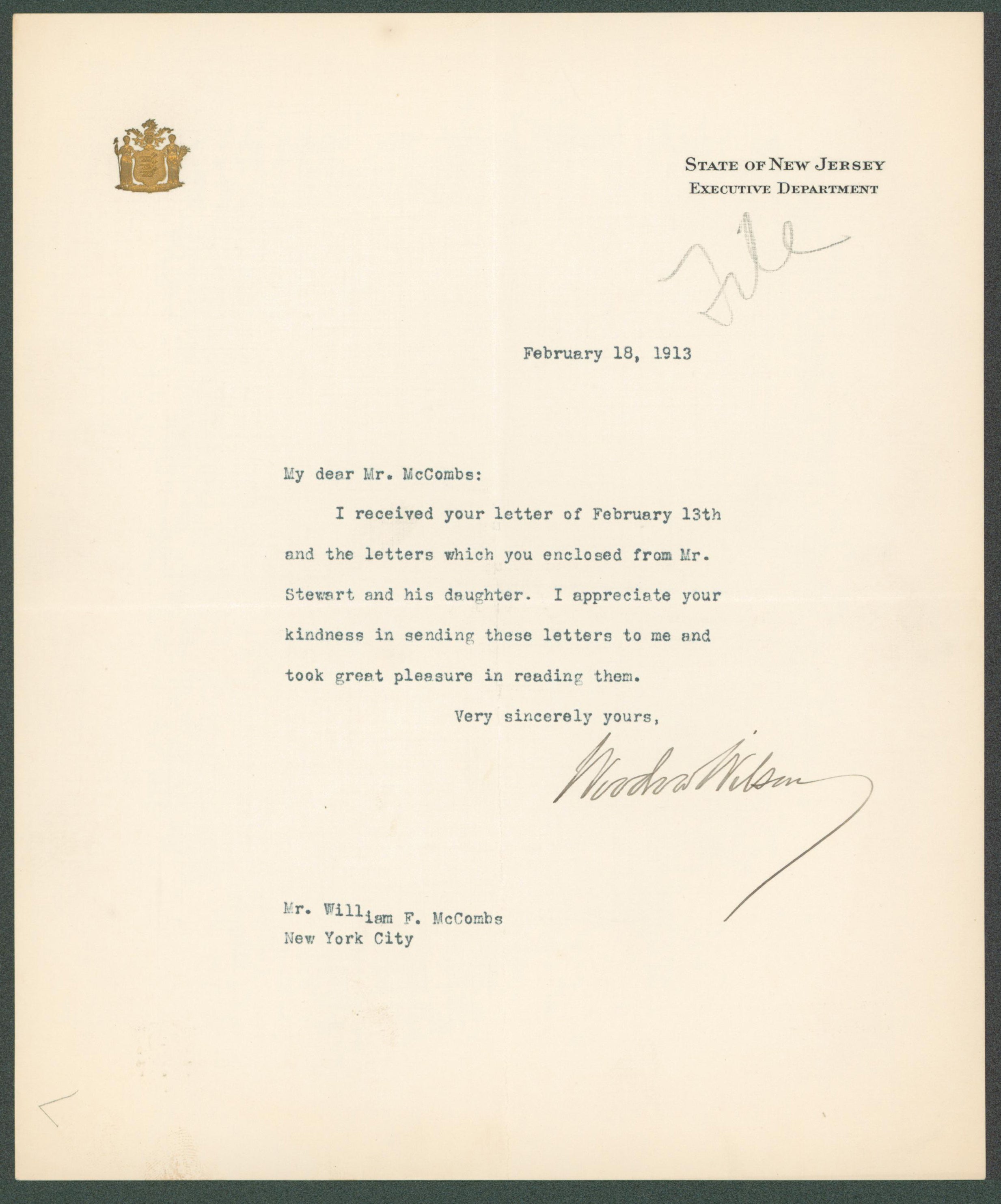 Woodrow Wilson Authentic Signed 7.85x9.5 Letter February 18, 1913 BAS #AB14548