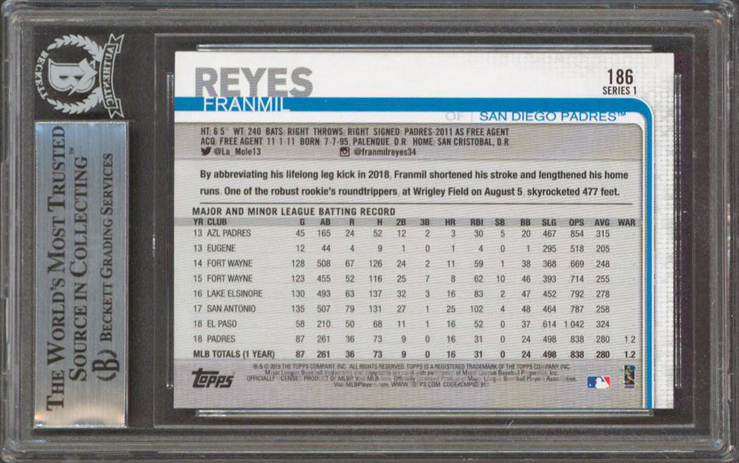 Padres Franmil Reyes Authentic Signed 2019 Topps #186 Rookie Card BAS Slabbed