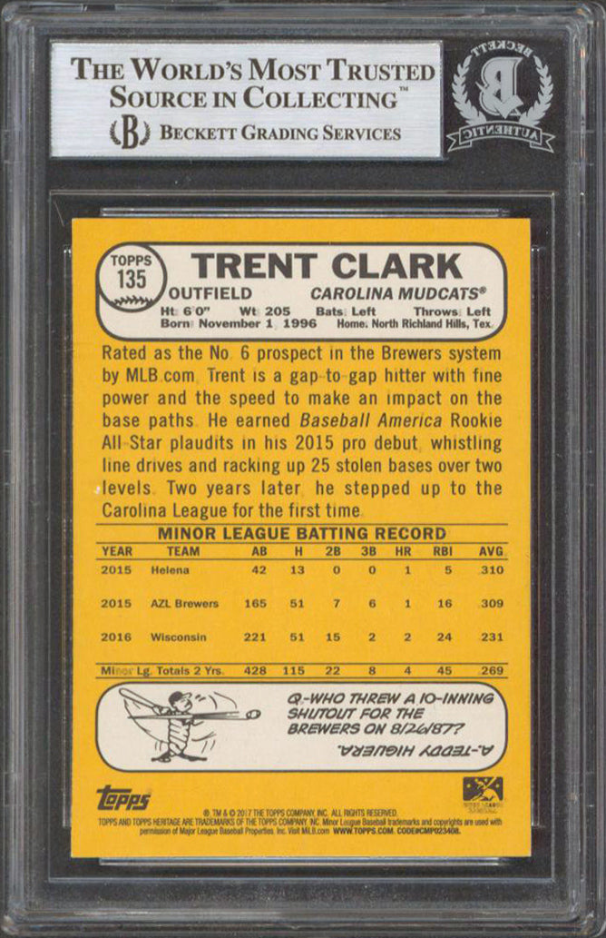 Trent Grisham Clark Signed 2017 Topps Heritage Minors #135 Rookie Card BAS Slab