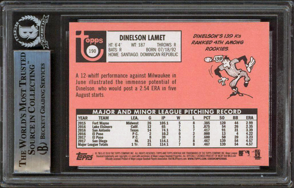 Padres Dinelson Lamet Signed 2018 Topps Heritage #190 Rookie Card BAS Slabbed