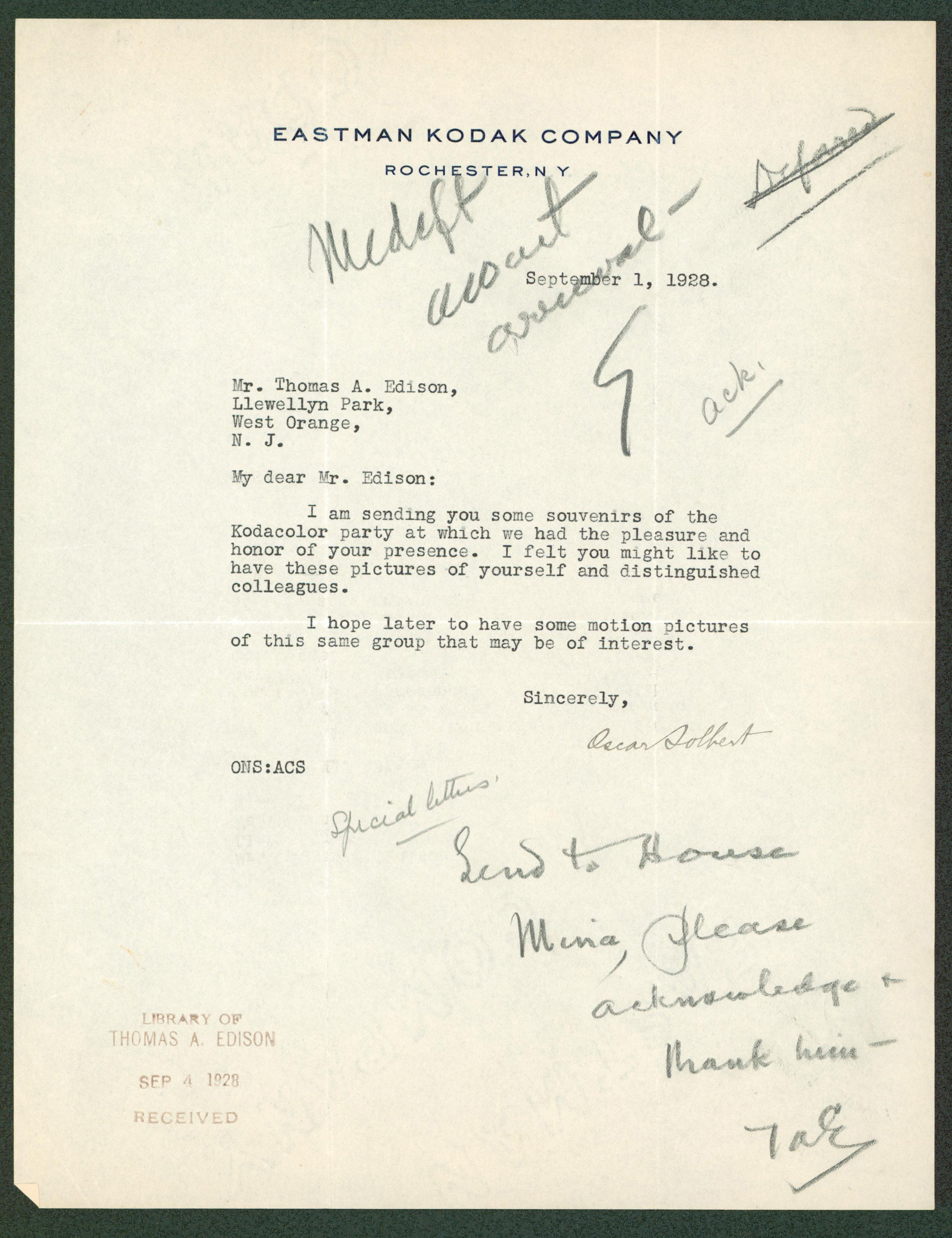 Thomas Edison Signed 8.5x11 Letter On Eastman Kodak Co. Letterhead BAS #AB14577