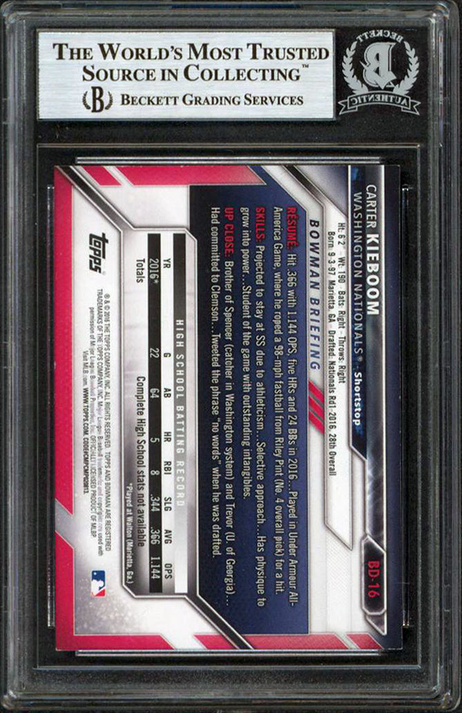 Nationals Carter Kieboom Authentic Signed 2016 Bowman Draft #BD16 RC BAS Slabbed