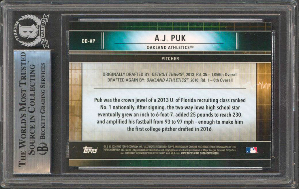 Athletics A.J. Puk Signed 2016 Bowman Chrome Draft Dividends DDAP RC BAS Slabbed