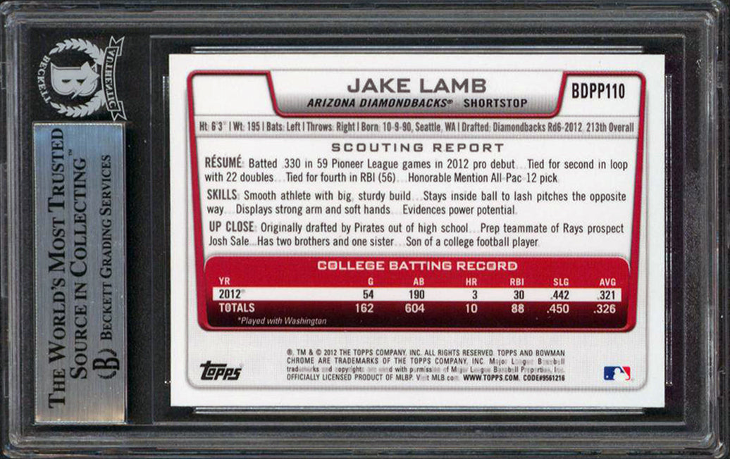 White Sox Jake Lamb Signed 2012 Bowman Chrome Draft Picks BDPP110 RC BAS Slabbed