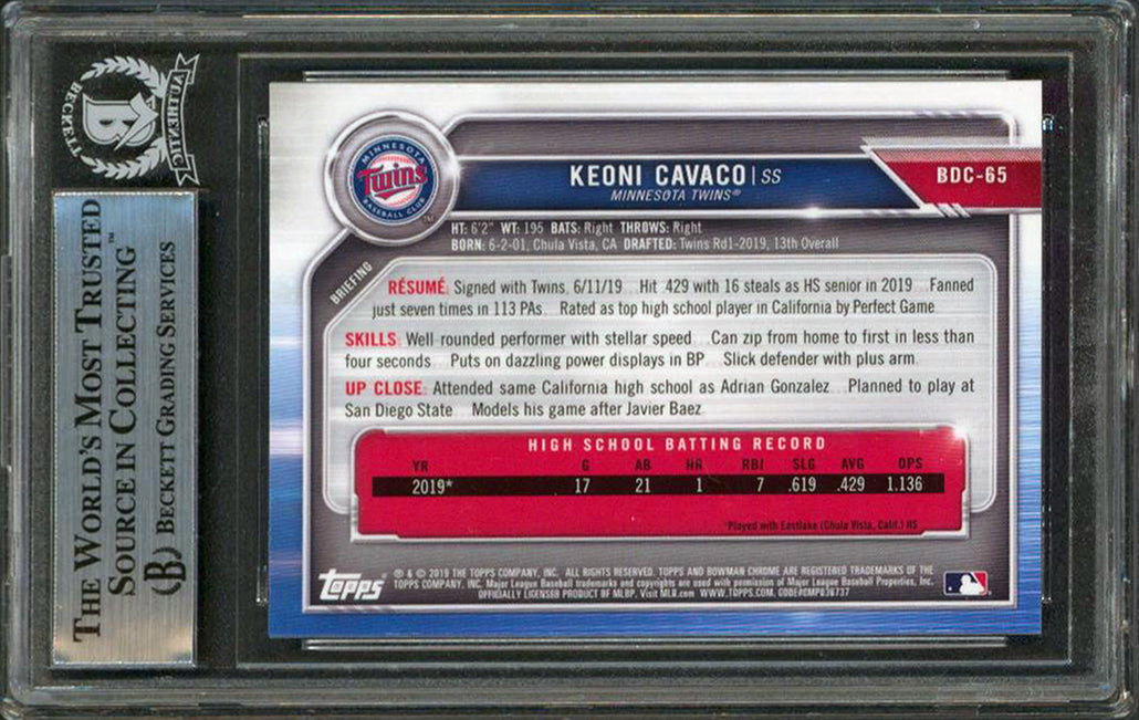 Twins Keoni Cavaco Authentic Signed 2019 Bowman Chrome Draft #BDC65 RC BAS Slab