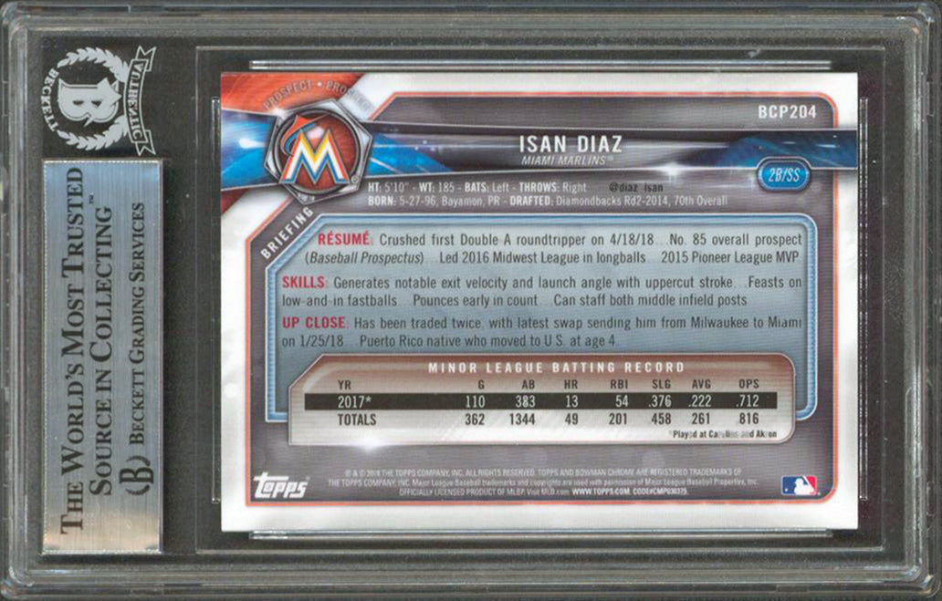 Marlins Isan Diaz Signed 2018 Bowman Chrome Prospects #BCP204 RC BAS Slabbed