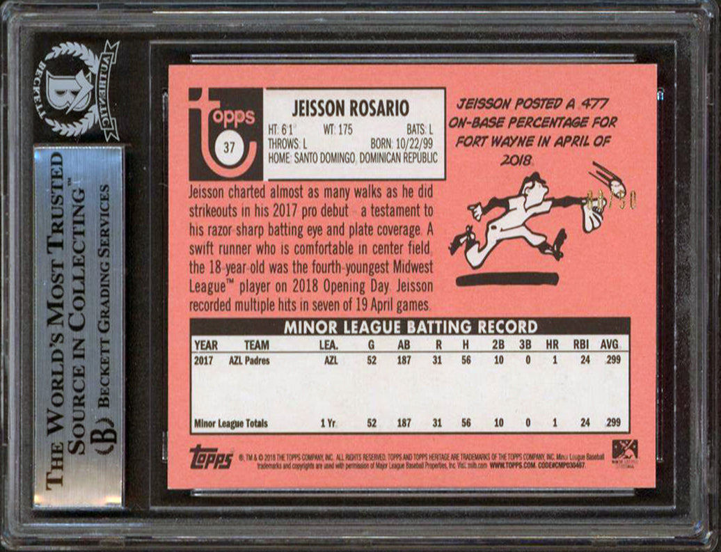 Red Sox Jeisson Rosario Signed 2018 Topps Heritage Minors #37 RC BAS Slabbed