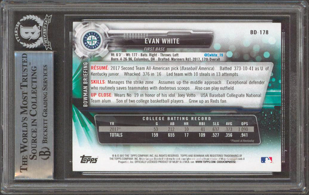 Mariners Evan White Authentic Signed 2017 Bowman Draft #BD178 RC BAS Slabbed