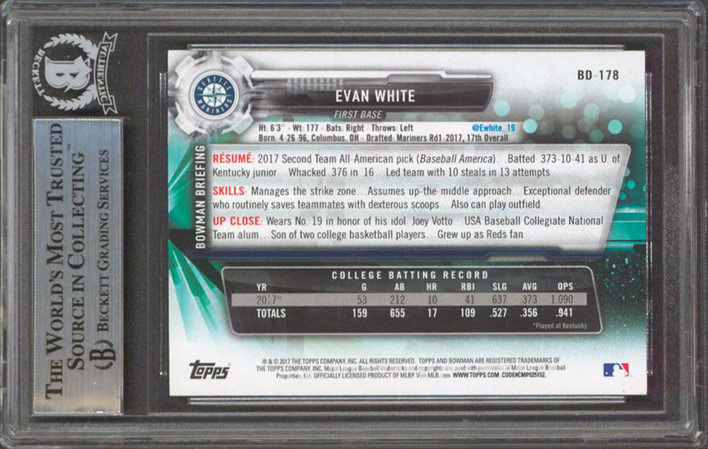 Mariners Evan White Signed 2017 Bowman Draft #BD178 RC BAS Slabbed  #12849907