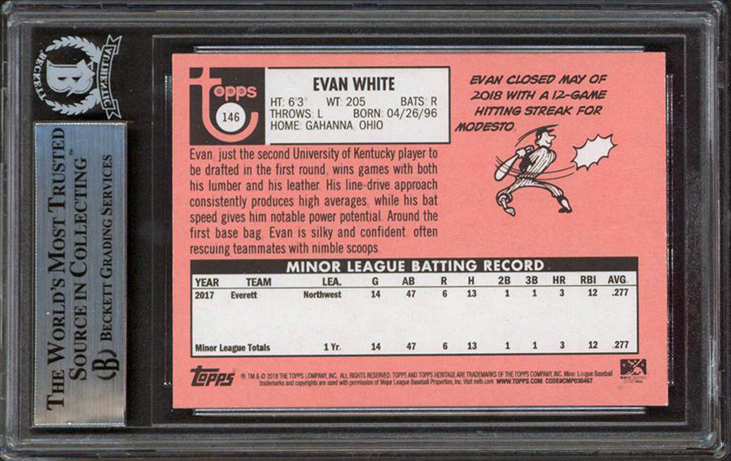 Mariners Evan White Authentic Signed 2018 Topps Heritage Minors #146 RC BAS Slab