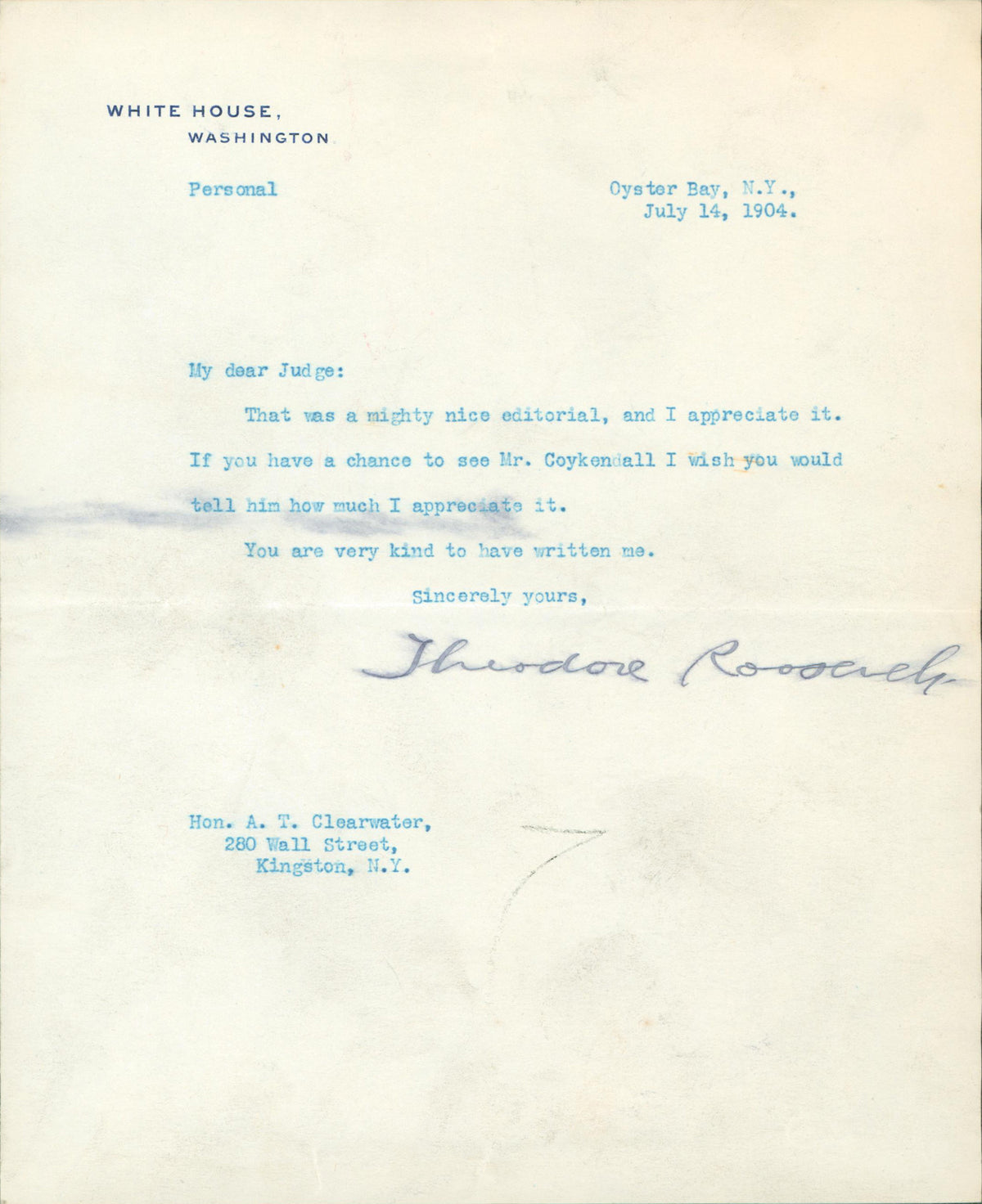Theodore Roosevelt Signed 7.15x8.75 1904 Letter On WH Letterhead JSA #XX33735