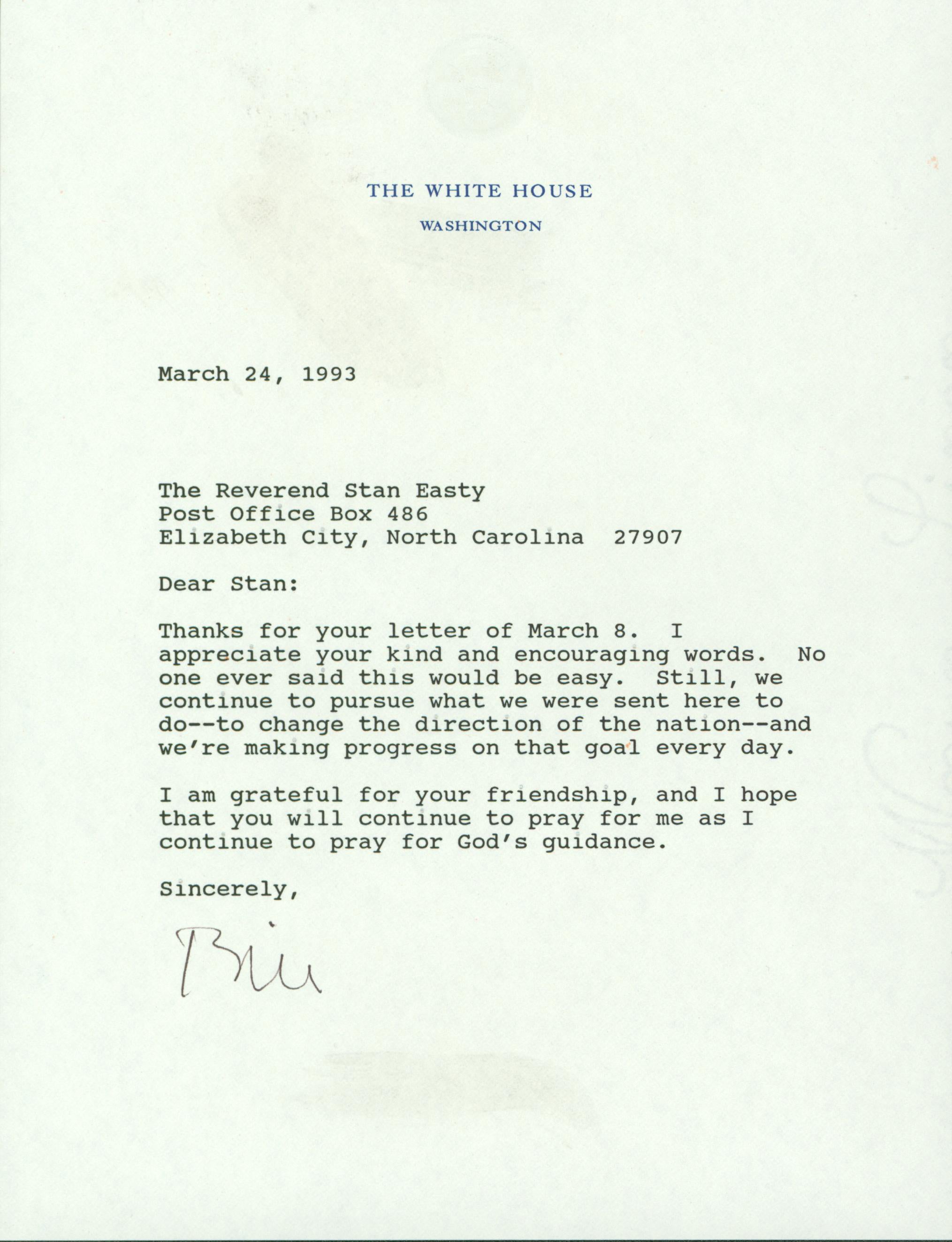 Bill Clinton Signed 6.75x9 1993 Typed Letter On WH Letterhead BAS #AB14597