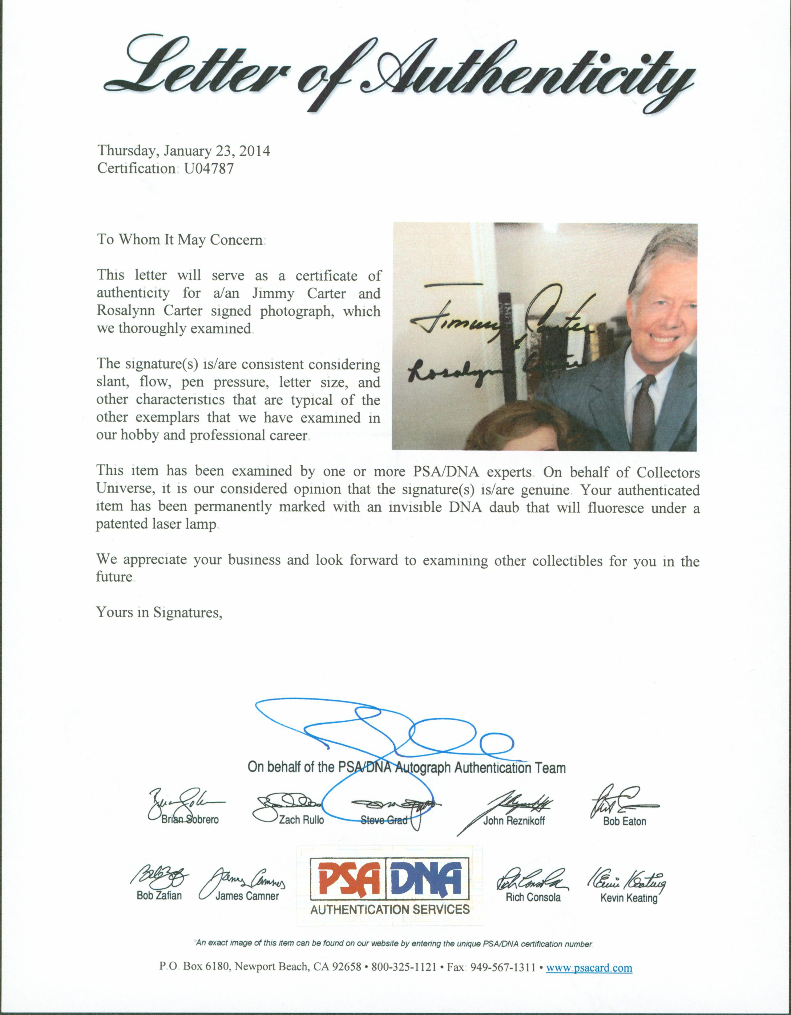 Jimmy Carter & Rosalynn Carter Authentic Signed 8x10 Photo PSA/DNA #U04787