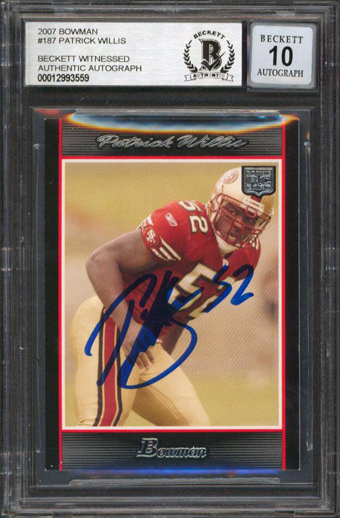 49ers Patrick Willis Signed 2007 Bowman #187 Rookie Card Auto 10! BAS Slabbed