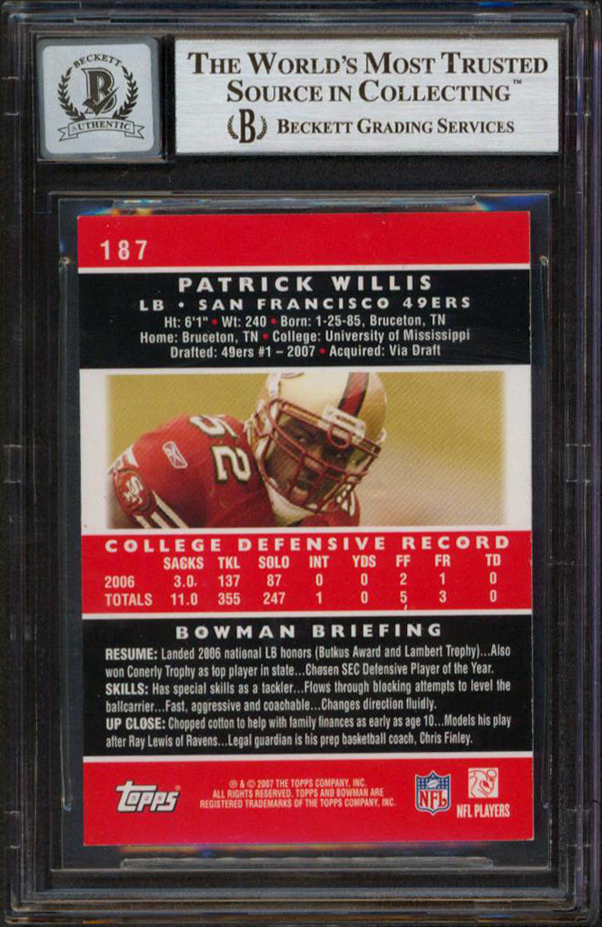 49ers Patrick Willis Signed 2007 Bowman #187 Rookie Card Auto 10! BAS Slabbed