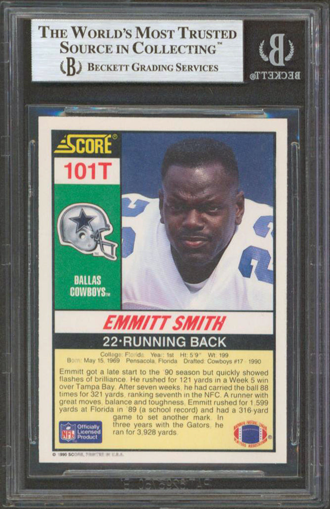 Emmitt Smith "HOF 2010" Signed 1990 Score Supplemental #101T RC Card BAS Slab 1