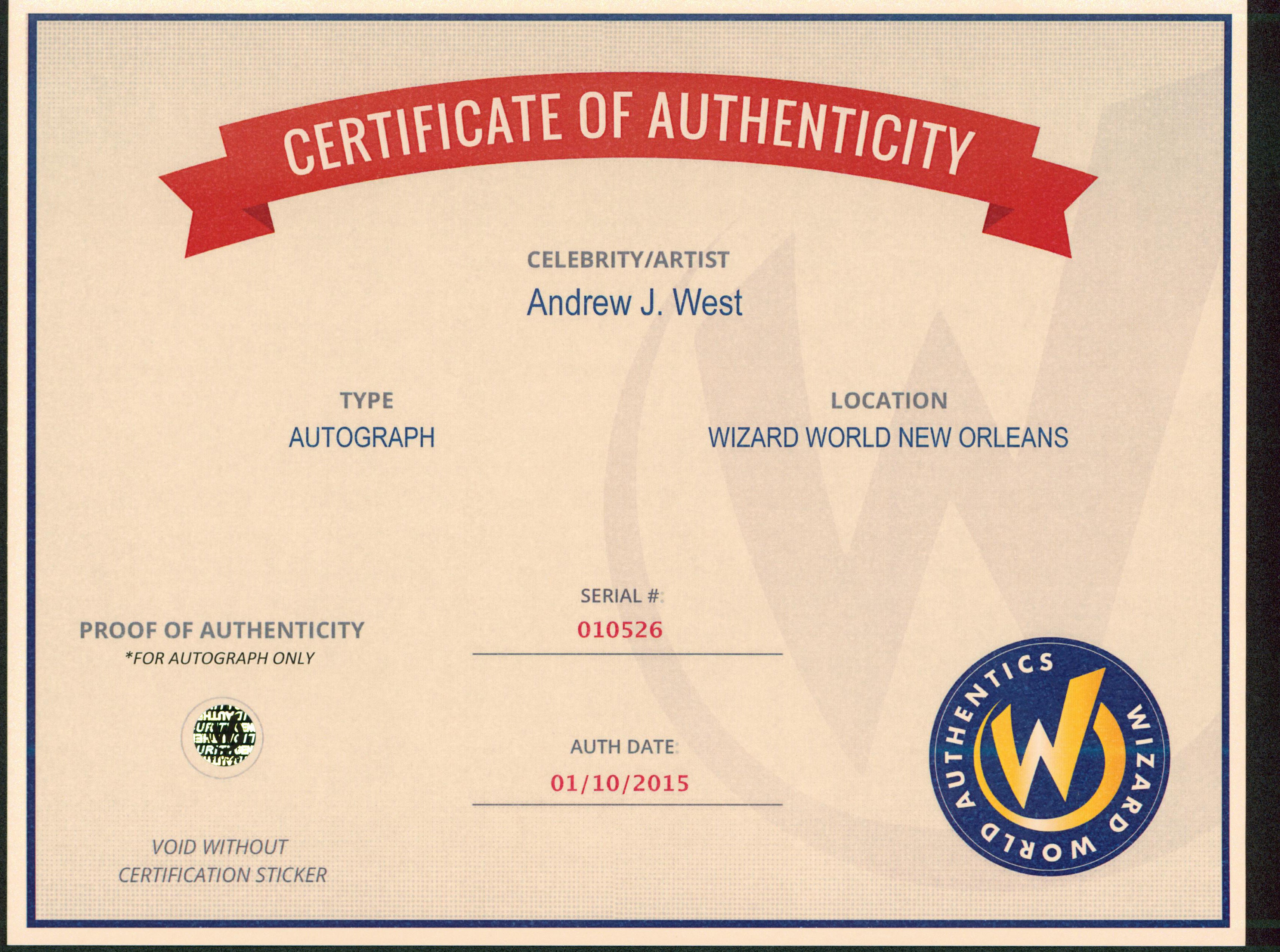 Andrew J. West The Walking Dead Authentic Signed 8x10 Photo Wizard World 2
