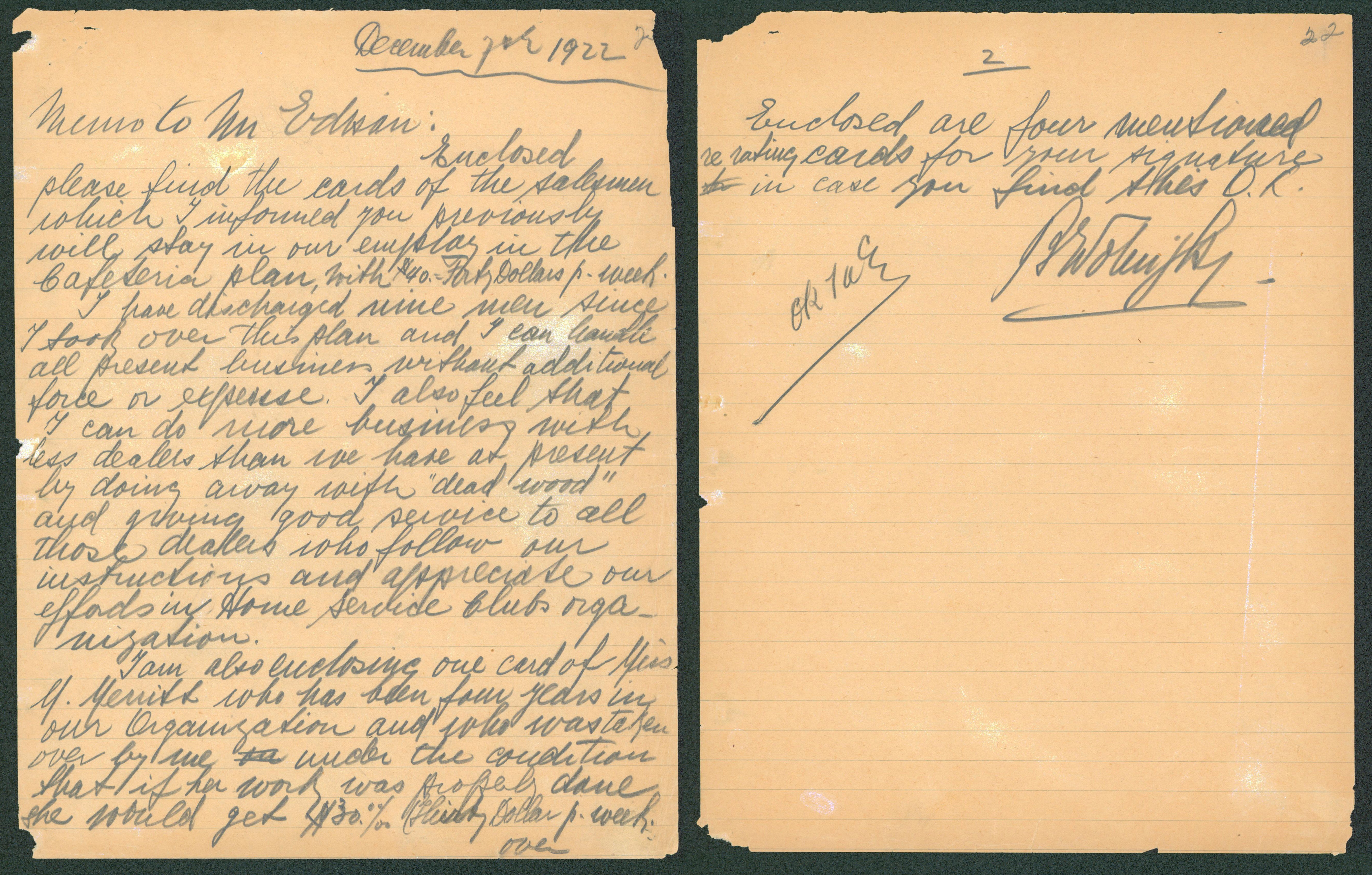 Thomas Edison OK Authentic Signed 8.5x11 Letter Dated Dec 7th 1922 BAS #AB77873
