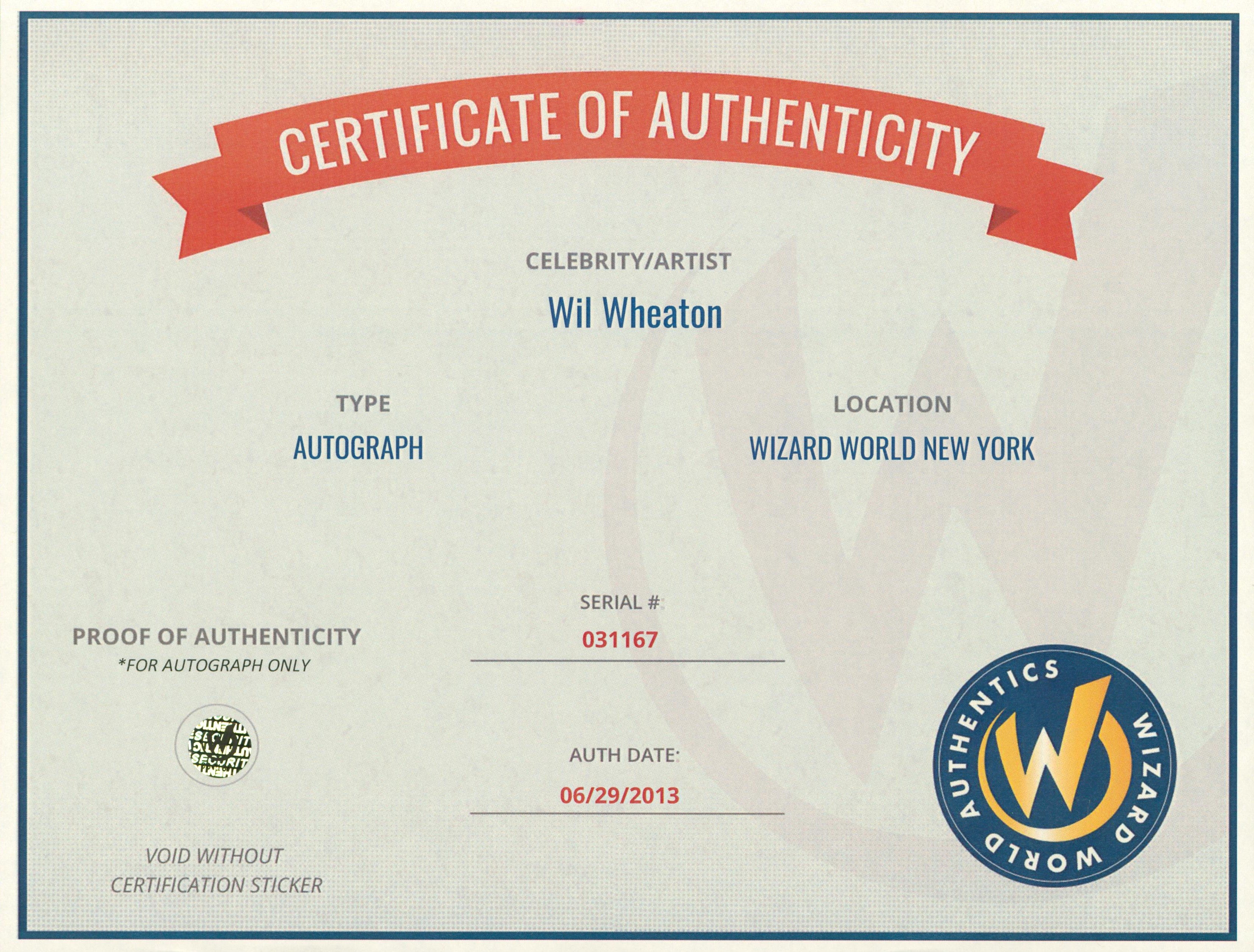 Wil Wheaton Eureka Authentic Signed 8x10 Photo Wizard World 2