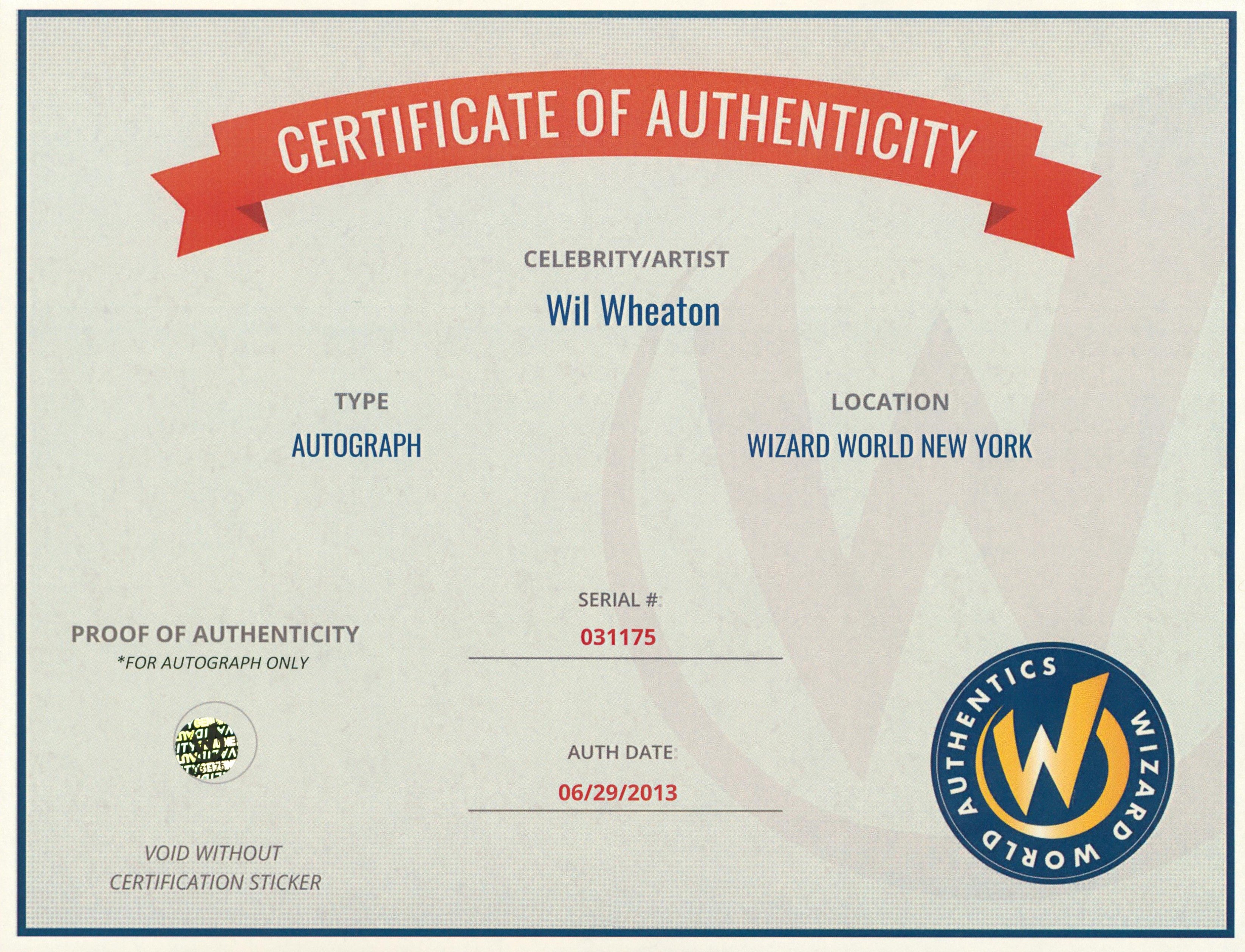 Wil Wheaton Eureka Authentic Signed 8x10 Photo Wizard World 1