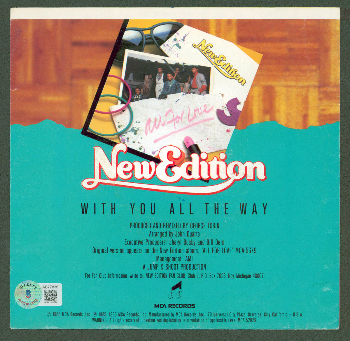 New Edition (4) Bell, Bivins, DeVoe & Tresvant Signed 45 RPM Album Cover BAS