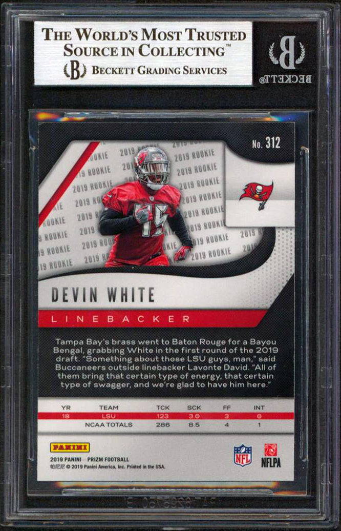 Buccaneers Devin White Signed 2019 Panini Prizm #312 Rookie Card BAS Slabbed