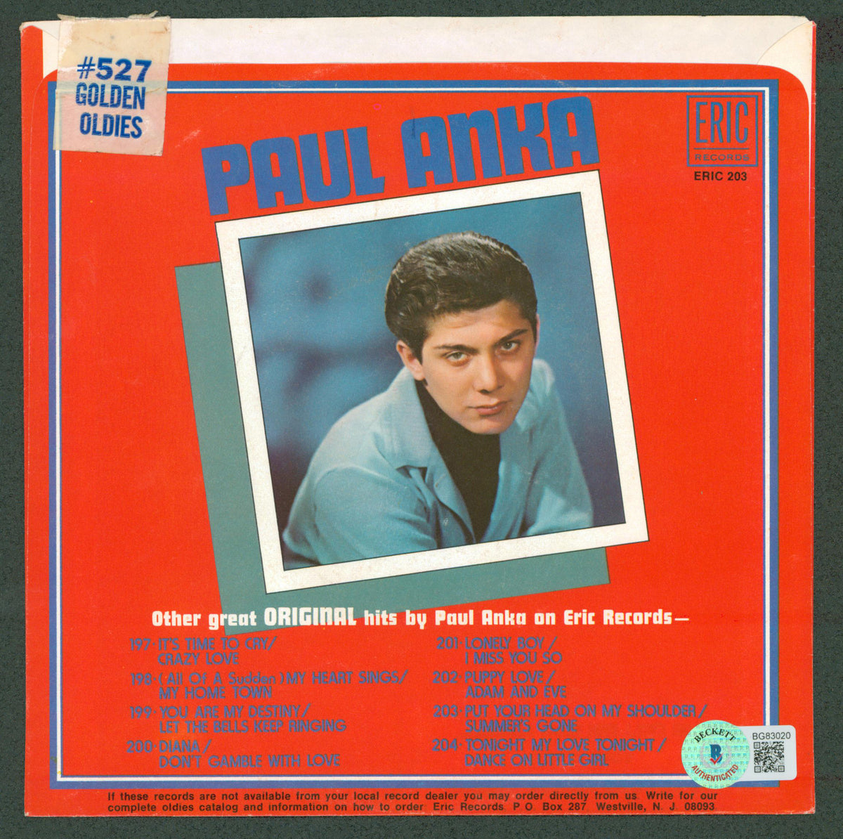 Paul Anka Signed Put Your Head On My Shoulder 45 RPM Album Cover BAS #BG83020