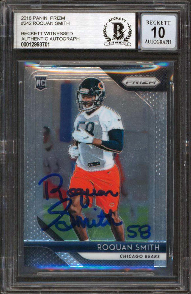 Bears Roquan Smith Signed 2018 Panini Prizm #242 Rookie Card Auto 10 BAS Slabbed