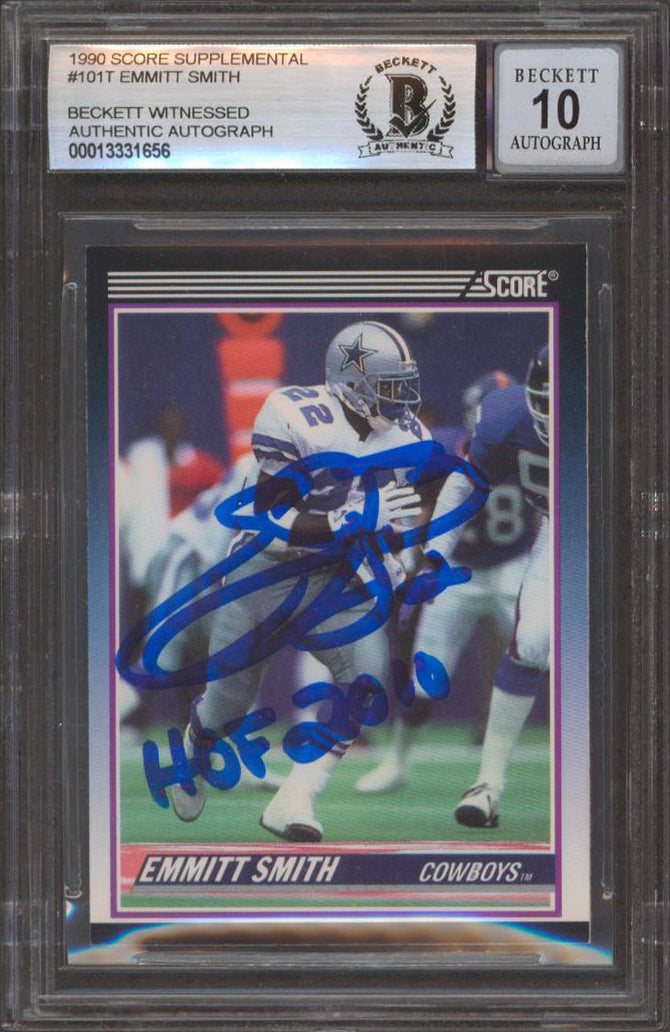 Emmitt Smith "HOF" Signed 1990 Score Supplemental #101T RC Card Auto 10 BAS Slab