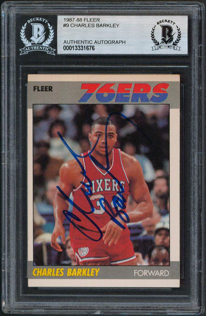 76ers Charles Barkley Signed 1987 Fleer #9 Card w/ Vintage Sig BAS Slabbed