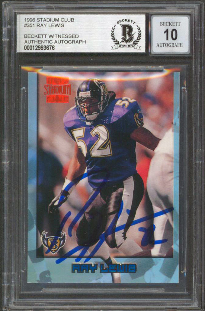 Ravens Ray Lewis Signed 1996 Stadium Club #351 Rookie Card Auto 10! BAS Slabbed