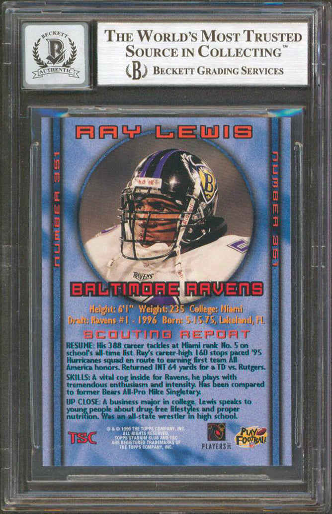 Ravens Ray Lewis Signed 1996 Stadium Club #351 Rookie Card Auto 10! BAS Slabbed