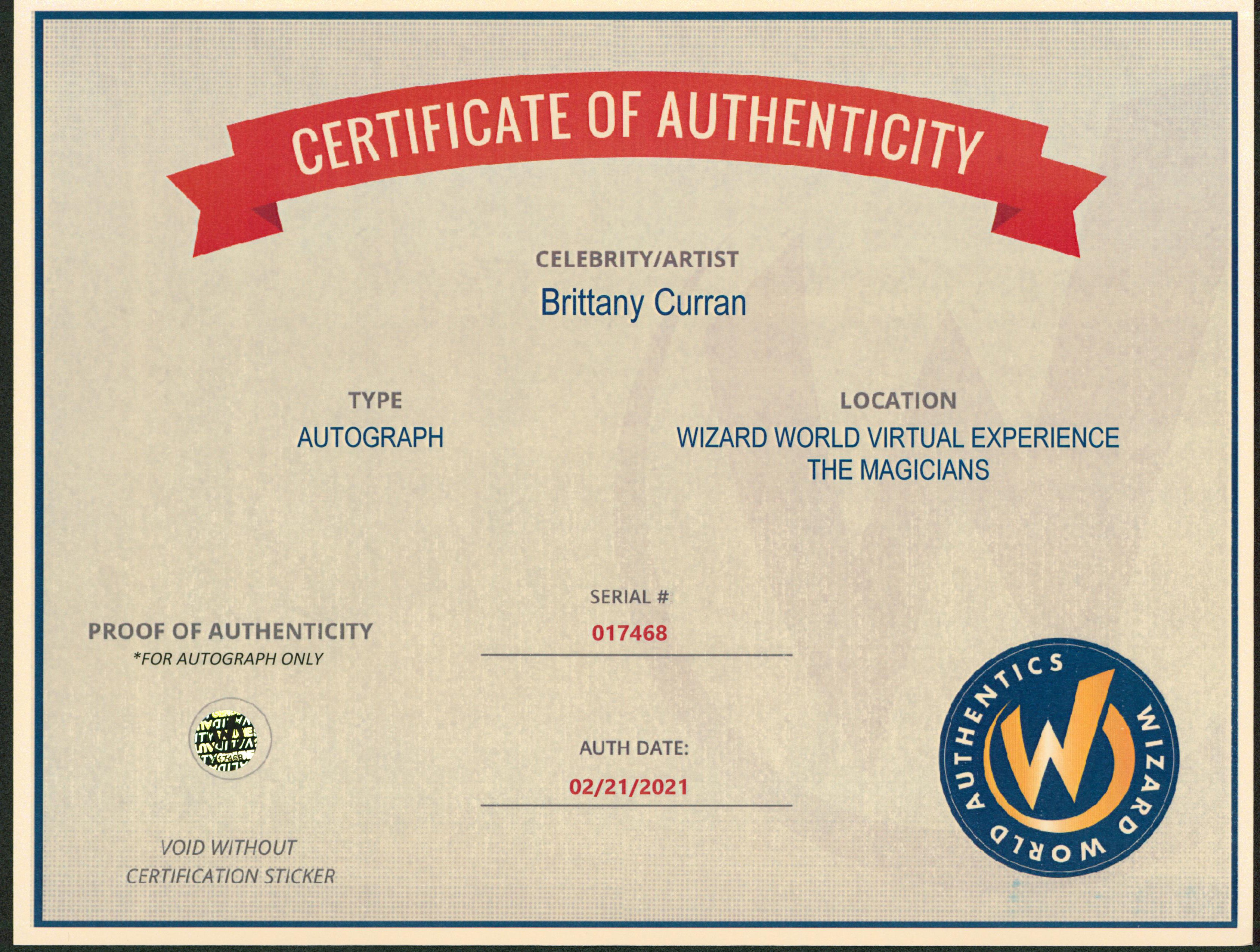 Brittany Curran The Magicians Authentic Signed 8x10 Photo Wizard World 1