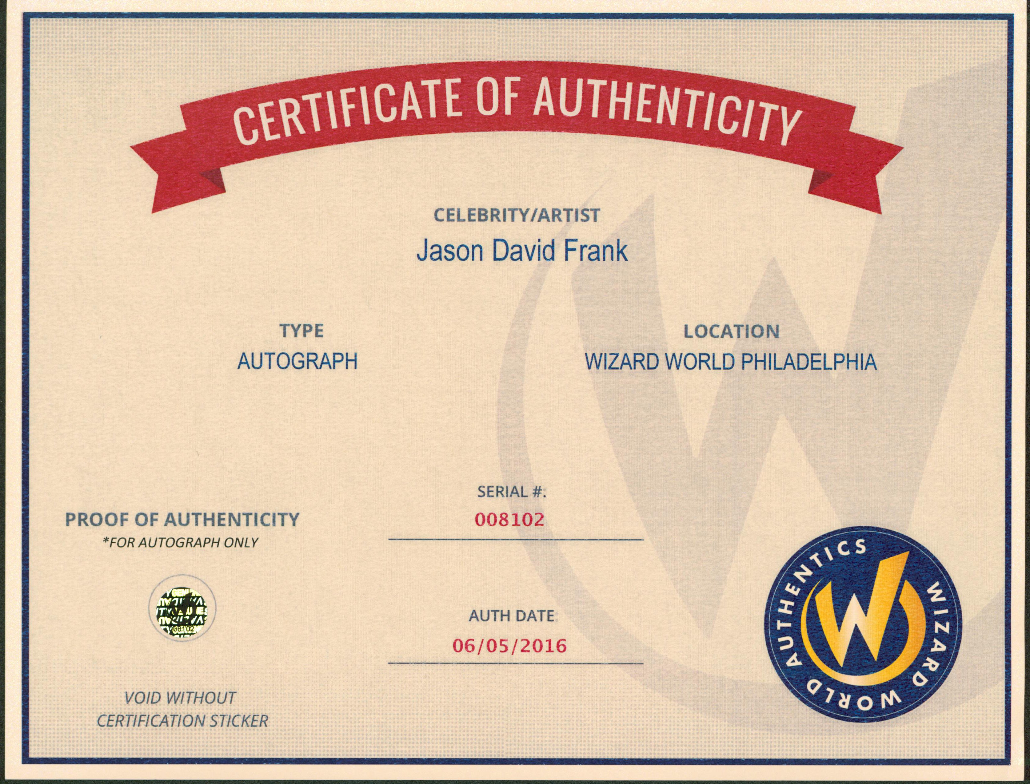 Jason David Frank Power Rangers Authentic Signed 8x10 Photo Wizard World #008102