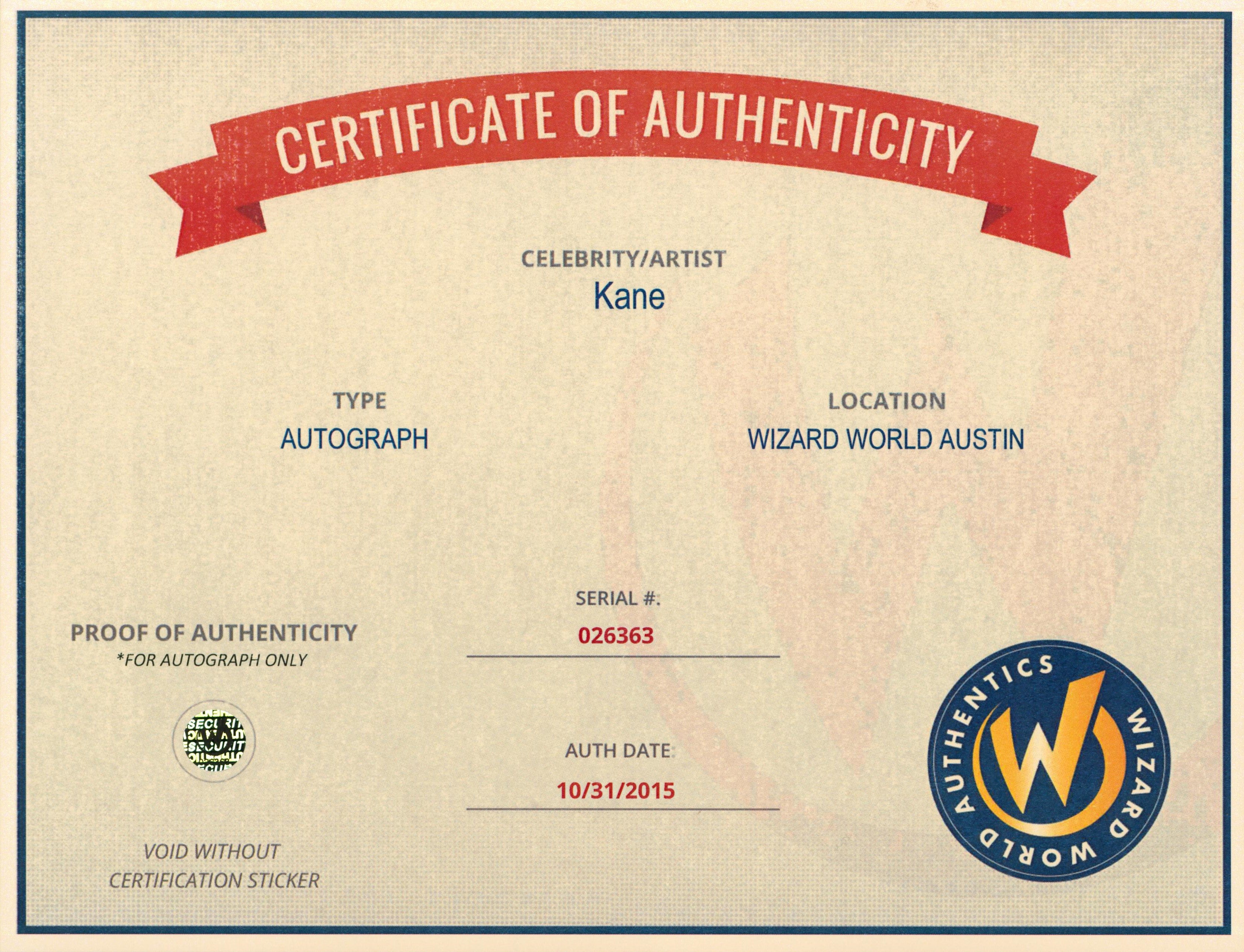 Kane Authentic Signed 8x10 Photo Autographed Wizard World #026363