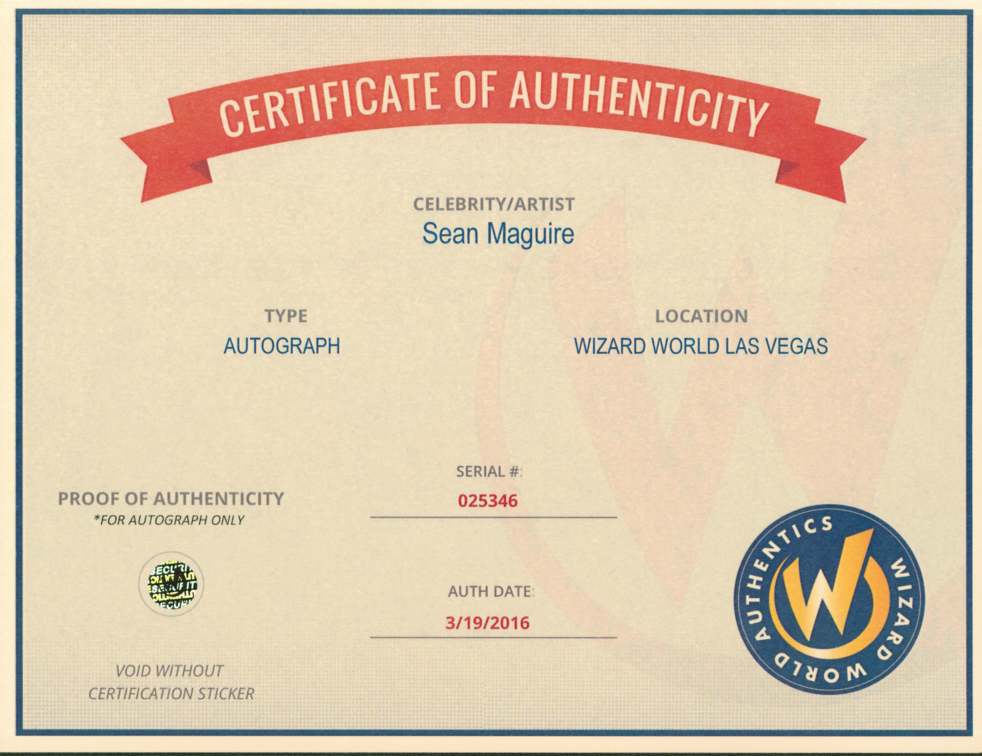 Sean Maguire Once Upon a Time Authentic Signed 8x10 Photo Wizard World 3