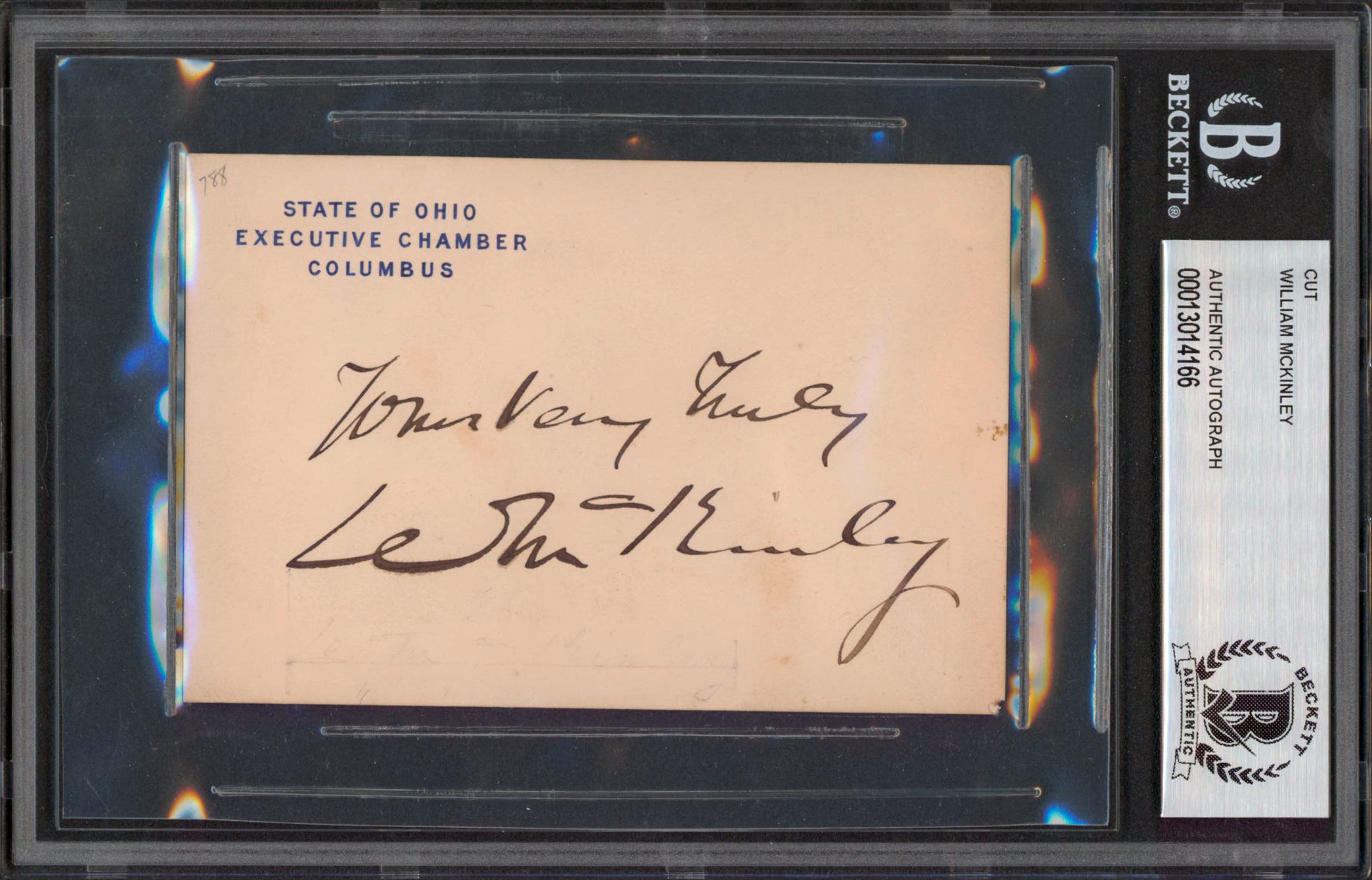 William McKinley Signed 2.75x4.25 State Of Ohio Exec Chamber Card BAS Slabbed