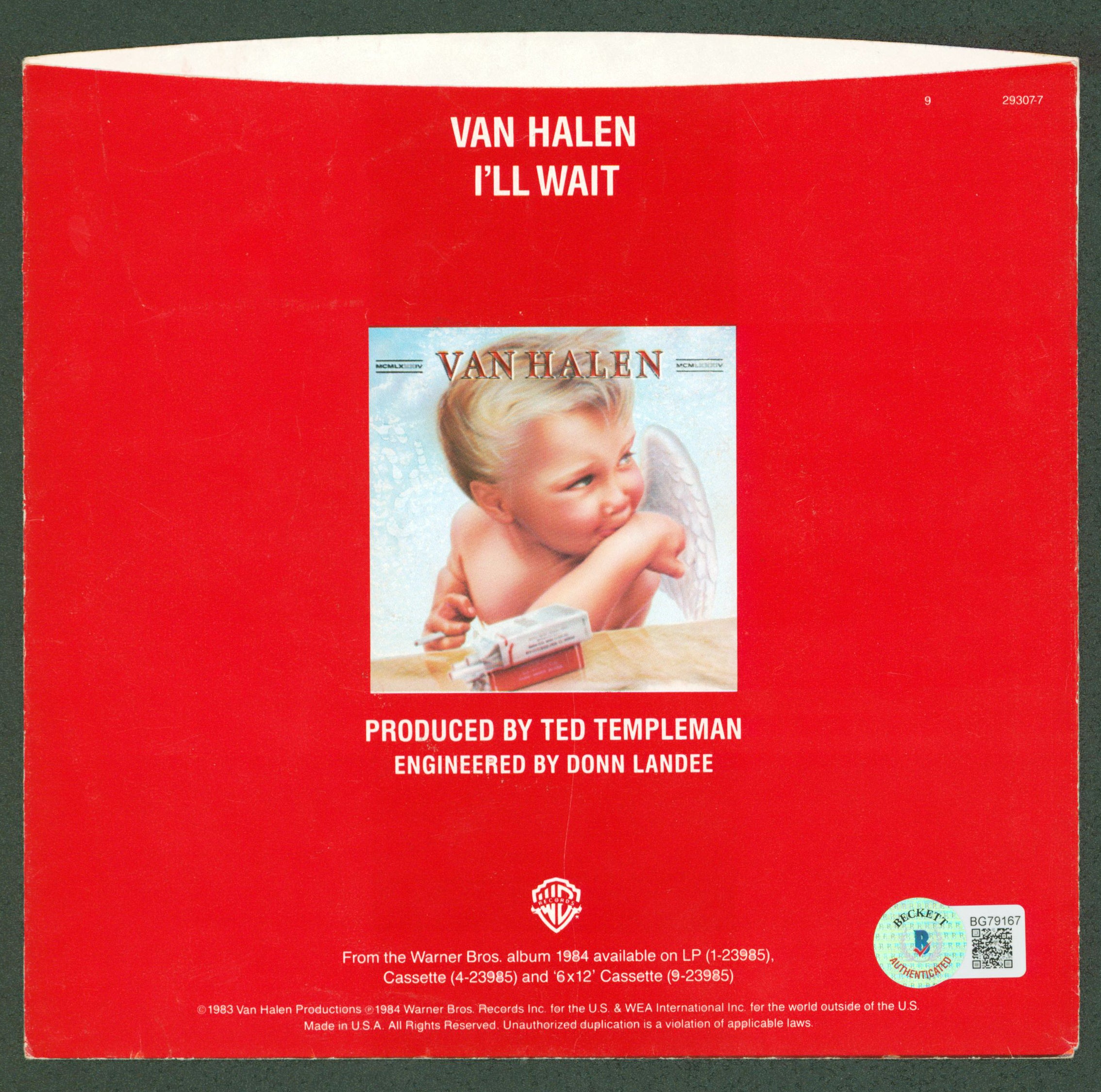 Alex Van Halen Authentic Signed I'll Wait 45 RPM Album Cover BAS #BG79167