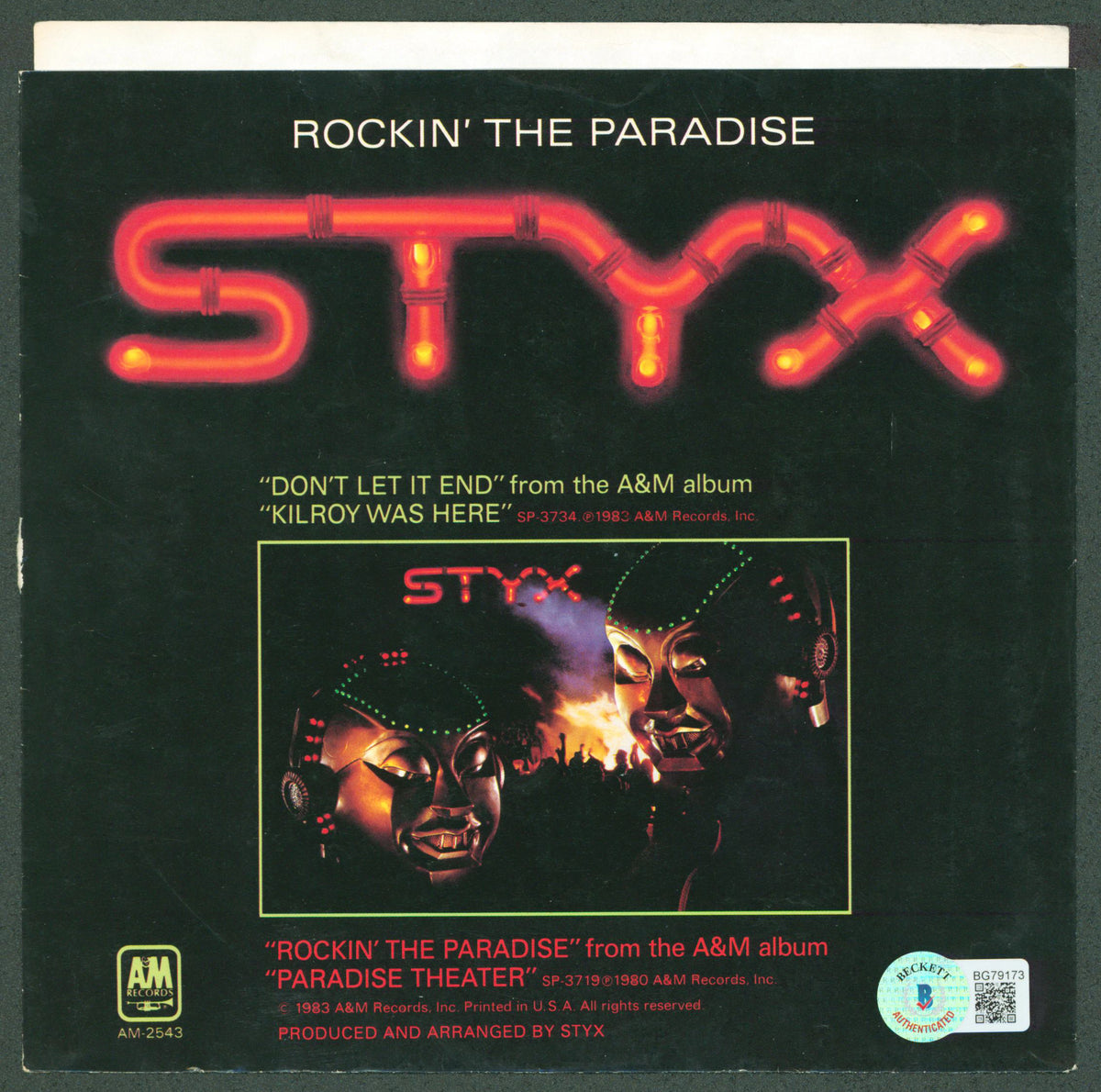 Dennis Deyoung Styx Signed Don't Let It End 45 RPM Album Cover BAS #BG79173